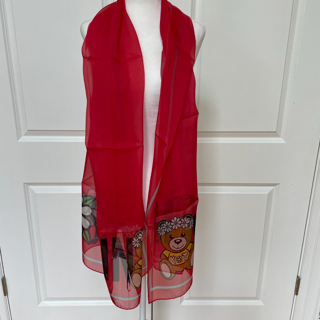 Floral Crown Teddy Bear Silk Scarf In Red From Moschino